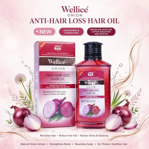 Wellice Onion Oil bottle with onion extract formula for nourishing hair care routine in Pakistan